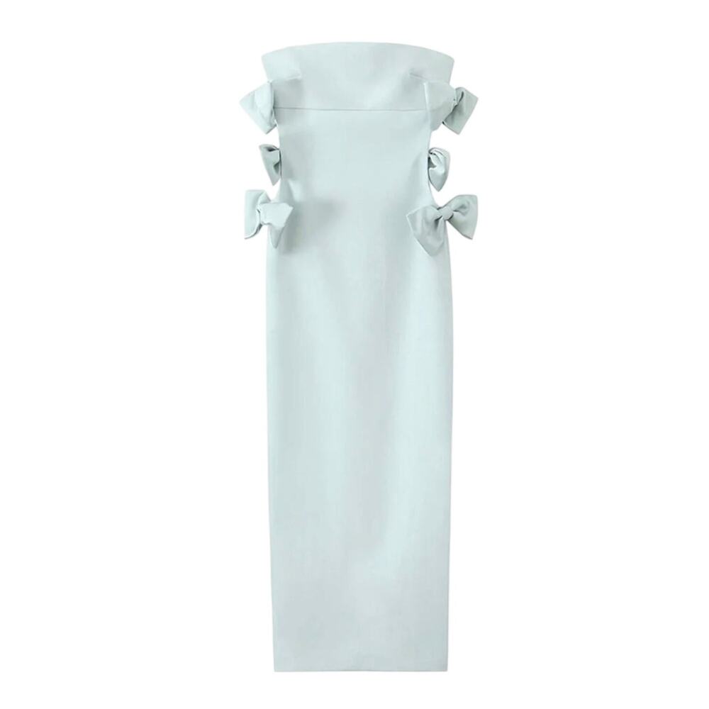 Zara "Sea Green" Blue Strapless Cut Out Satin Bow Column Sheath Dress